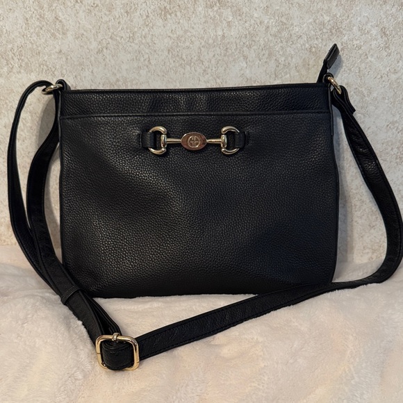 Handbags - Gianni Bernini Chic Black Crossbody Bag with Gold Accents Plaid inside.